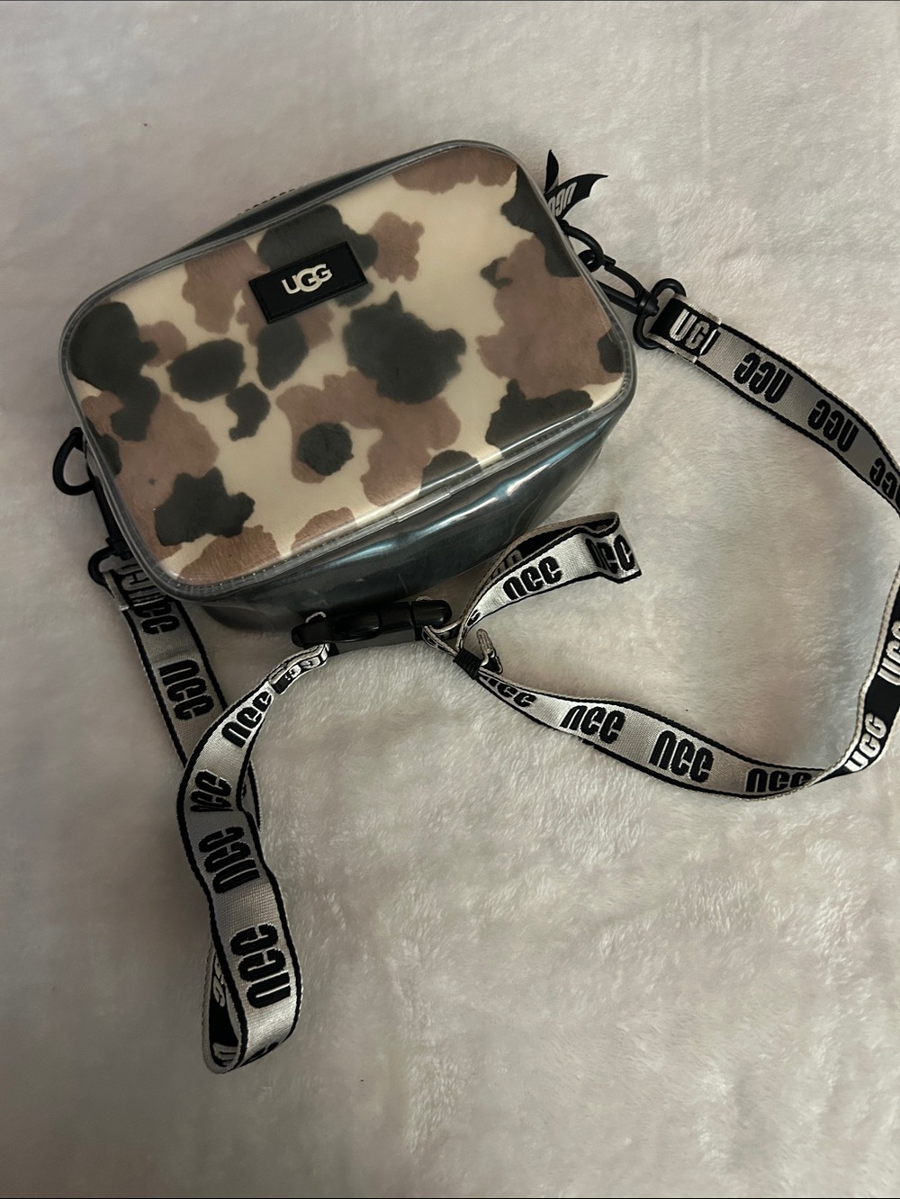 UGG Clear Crossbody Bag with Beige, Brown & Black Cowhide Print